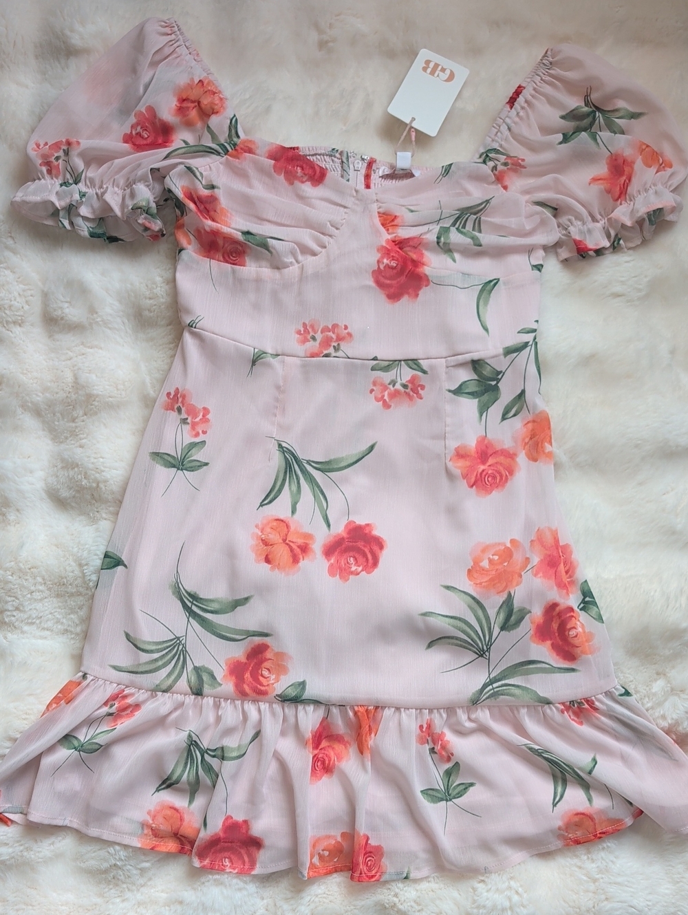 Gianni Bini Pink Floral Puff Sleeve Dress with Ruffle Hem